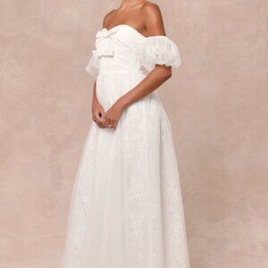 BRAND NEW White Lace Off-the-shoulder Bow Maxi Wedding Dress - Size XS